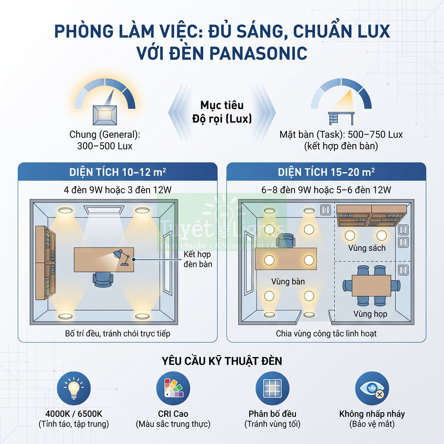 Hướng dẫn bố trí đèn Panasonic cho phòng làm việc đạt chuẩn độ sáng lux và phân vùng chiếu sáng hiệu quả