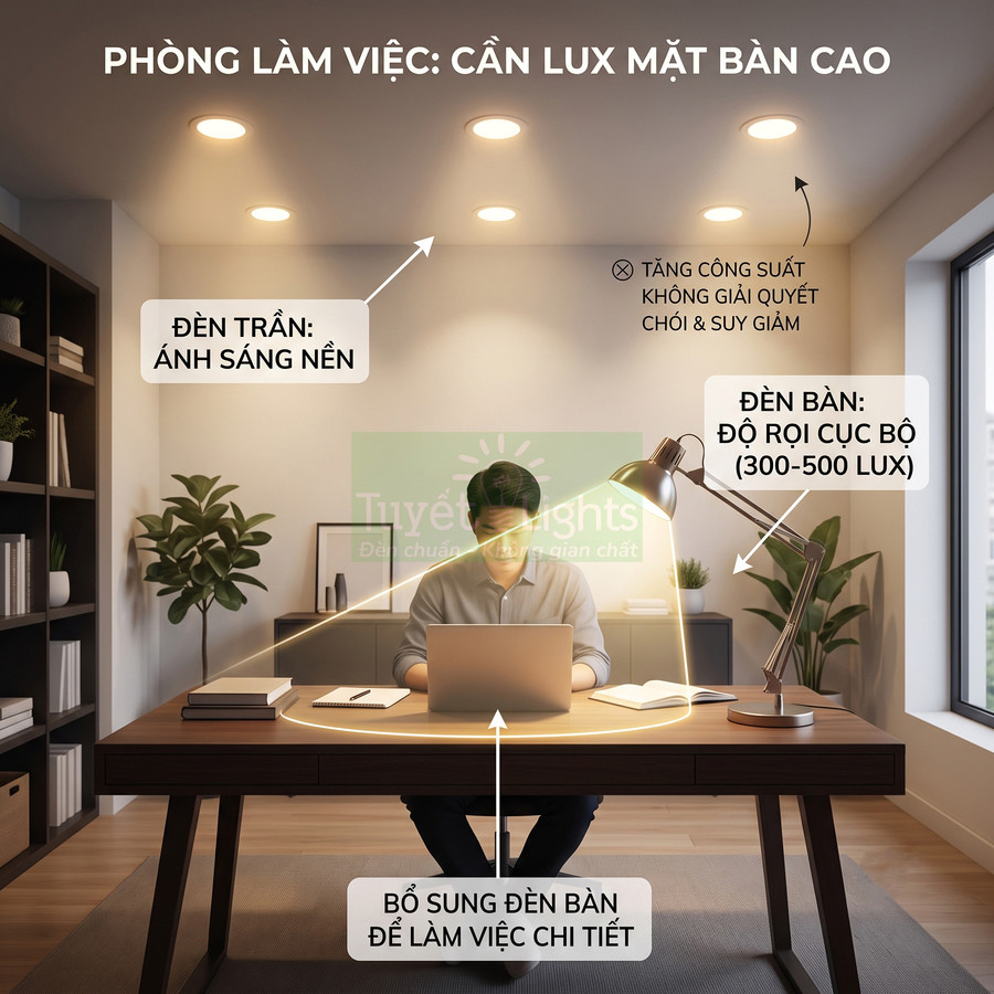 Bàn làm việc với đèn trần và đèn bàn chiếu sáng cho người đàn ông dùng laptop trong phòng làm việc hiện đại