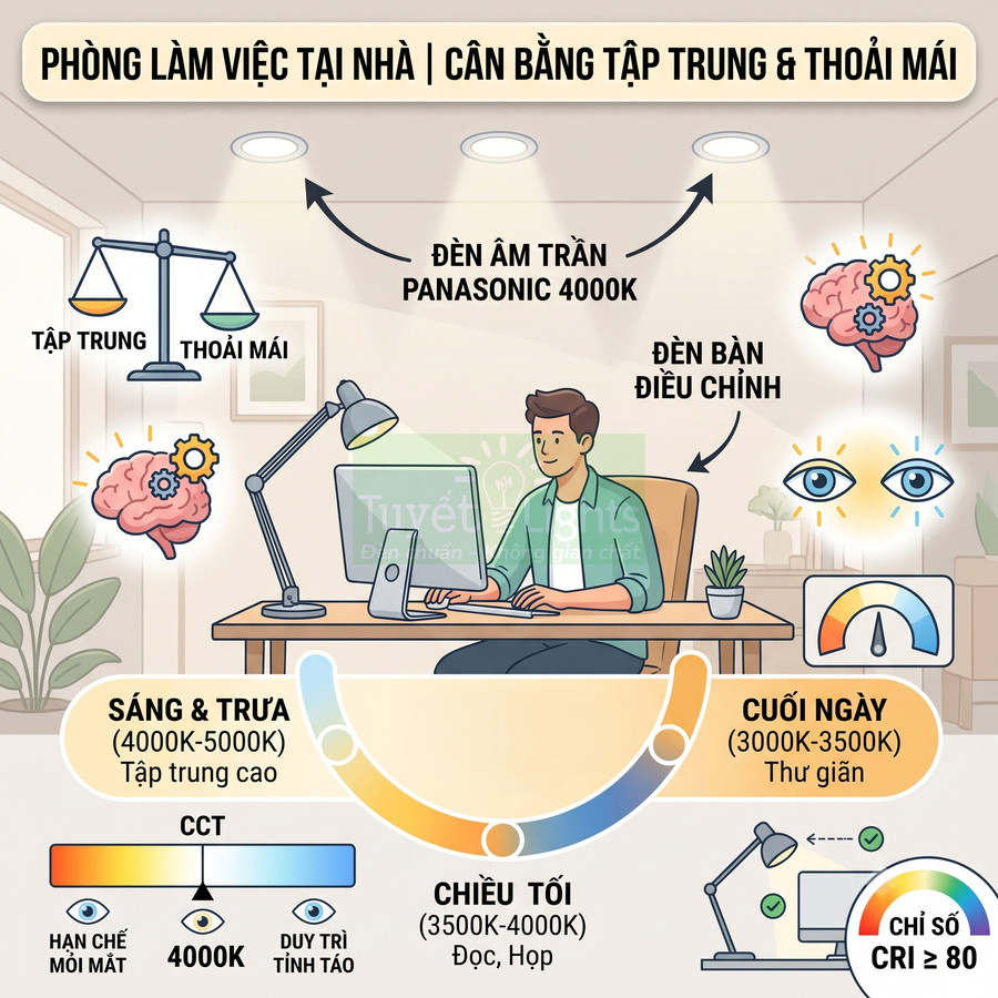 Phòng làm việc tại nhà với đèn âm trần Panasonic 4000K và đèn bàn điều chỉnh giúp tập trung và thoải mái