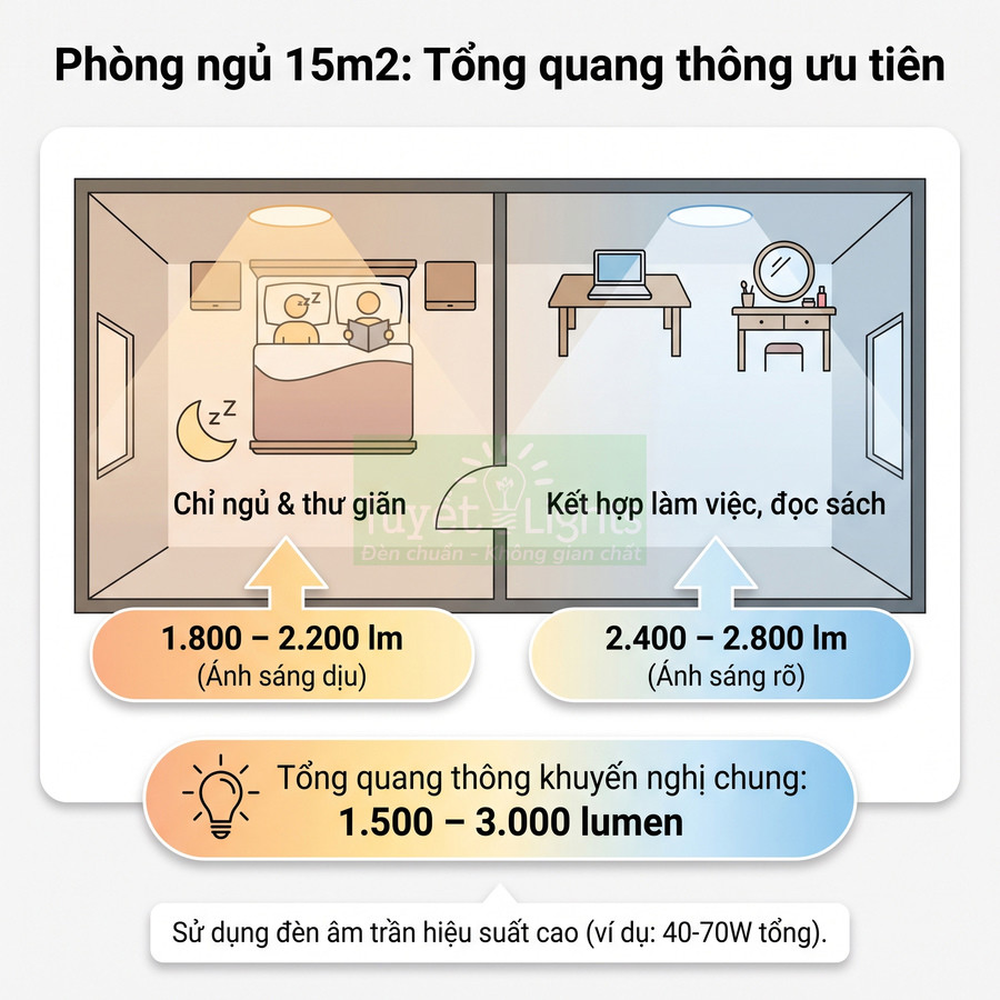 Infographic hướng dẫn chọn độ sáng đèn trần cho phòng ngủ 15m2 theo nhu cầu ngủ thư giãn và làm việc đọc sách