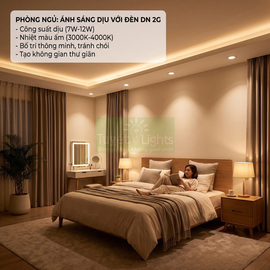 Phòng ngủ ấm cúng sử dụng đèn âm trần DN 2G ánh sáng vàng dịu cho không gian thư giãn