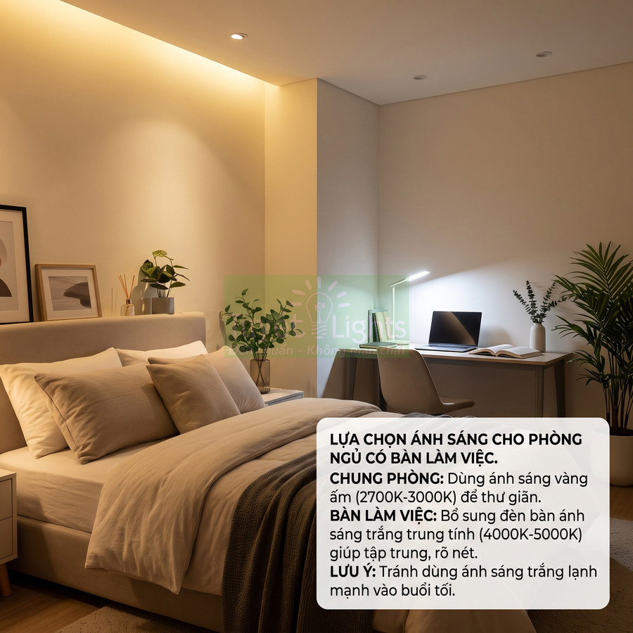 Phòng ngủ hiện đại với giường ngủ êm ái và bàn làm việc có đèn bàn LED chiếu sáng laptop