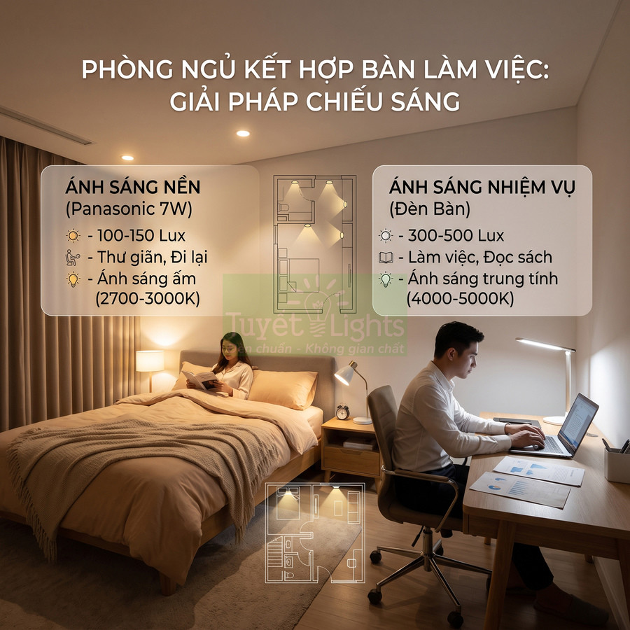 Phòng ngủ kết hợp bàn làm việc với đèn bàn và đèn trần Panasonic 7W tạo ánh sáng ấm và trung tính cho đọc sách, làm việc