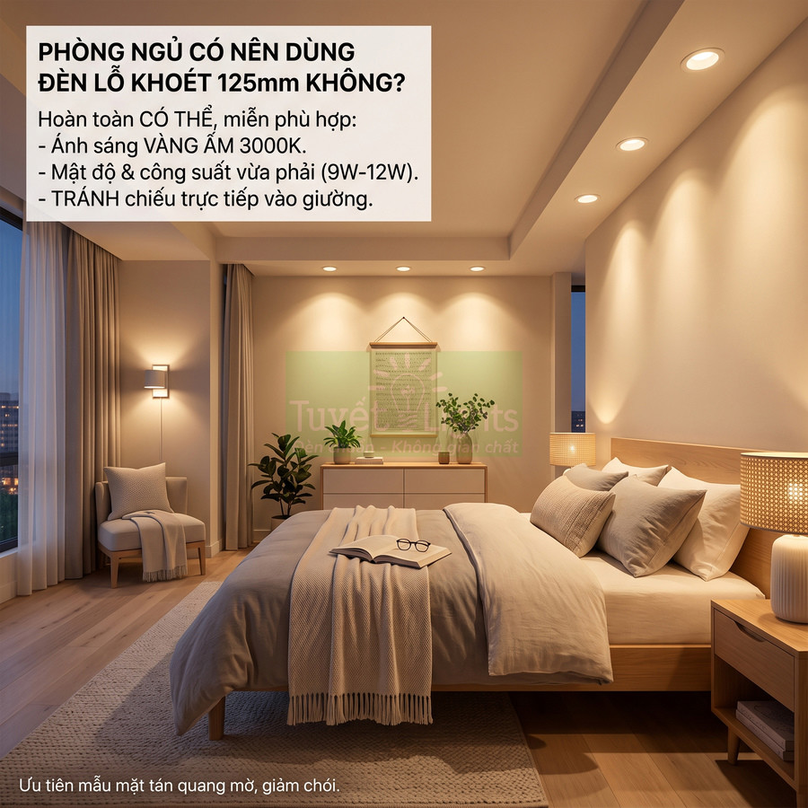 Phòng ngủ hiện đại sử dụng đèn âm trần lỗ khoét 125mm ánh sáng vàng ấm 3000K chiếu sáng dịu mắt