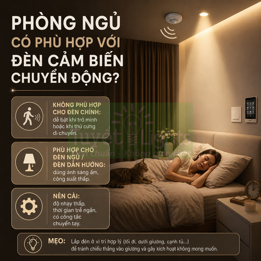 Phòng ngủ với đèn cảm biến chuyển động trên trần chiếu sáng ấm, cô gái ngủ trên giường cạnh mèo và bàn đầu giường