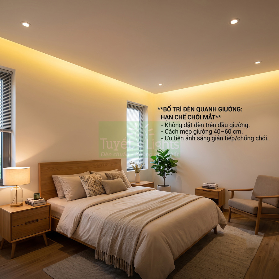 Phòng ngủ hiện đại sử dụng đèn âm trần và đèn hắt trần Tuyết Lights cho ánh sáng dịu quanh giường ngủ