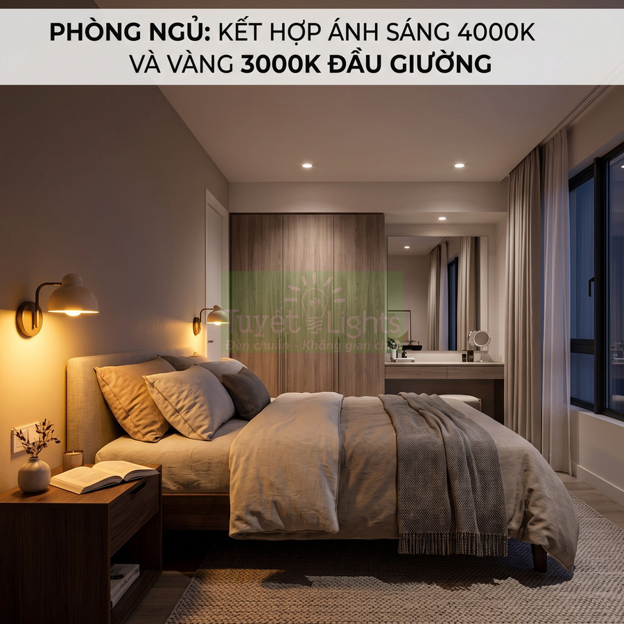 Đèn ngủ gắn tường ánh sáng vàng 3000K chiếu đầu giường trong phòng ngủ hiện đại ấm cúng