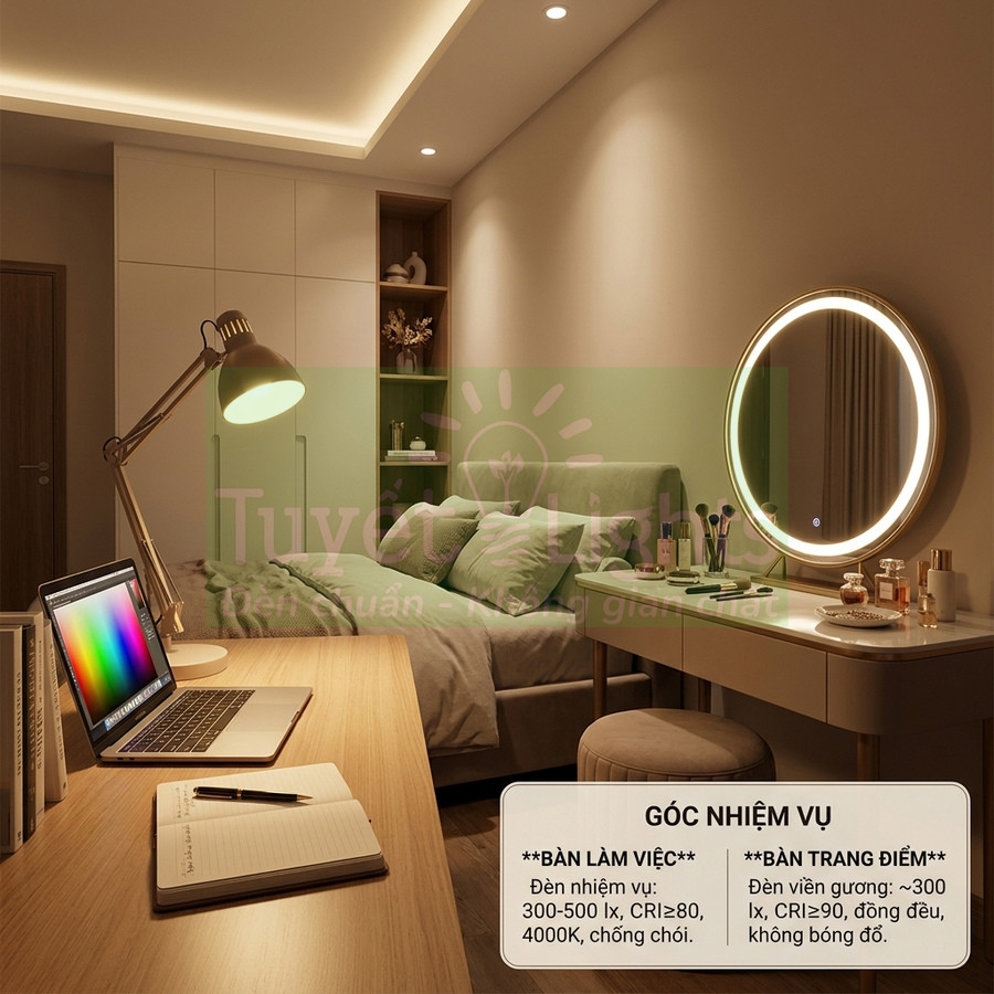 Phòng ngủ hiện đại với bàn làm việc có đèn bàn và laptop, bàn trang điểm gương tròn đèn LED viền sáng ấm
