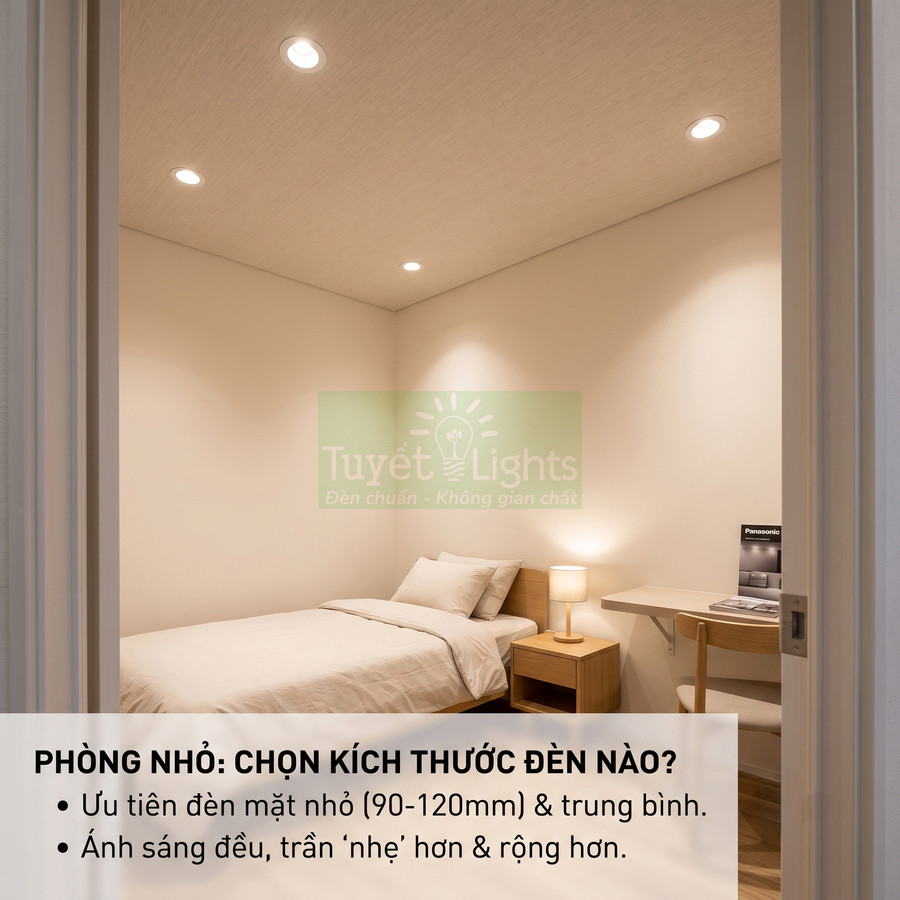 Phòng ngủ nhỏ dùng đèn âm trần Tuyết Lights ánh sáng vàng dịu, kết hợp đèn bàn ngủ tạo không gian ấm áp