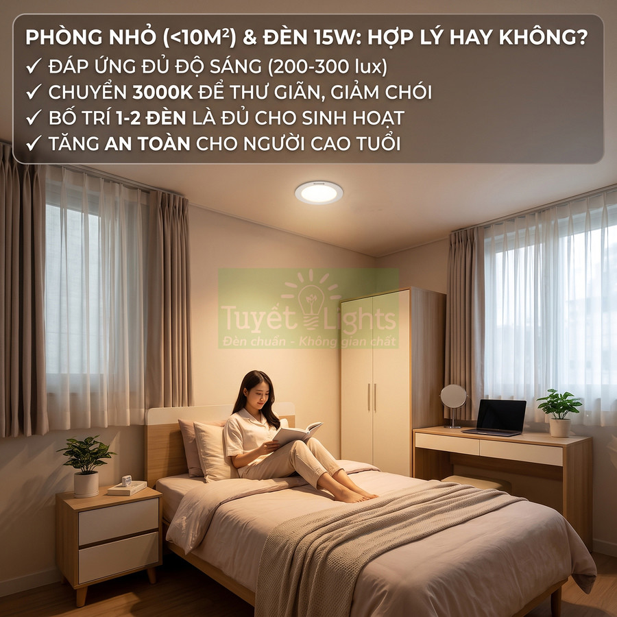 Đèn LED âm trần 15W Tuyết Lights chiếu sáng phòng ngủ nhỏ, cô gái ngồi đọc sách trên giường