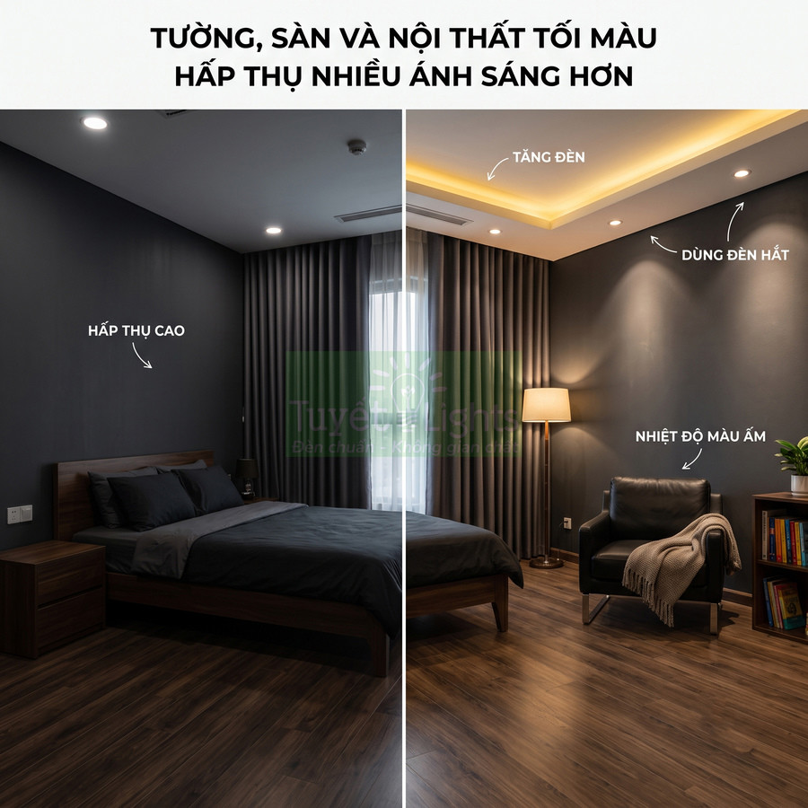 Phòng ngủ nội thất tối màu với giường gỗ, ghế sofa và hệ thống đèn trần, đèn sàn ánh sáng ấm