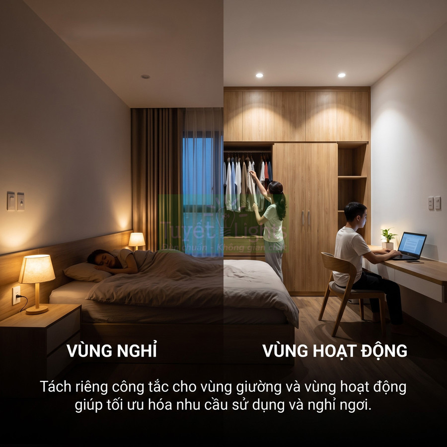 Phòng ngủ hiện đại với hệ thống đèn chia vùng nghỉ và vùng làm việc, tối ưu chiếu sáng cho giường ngủ và bàn làm việc