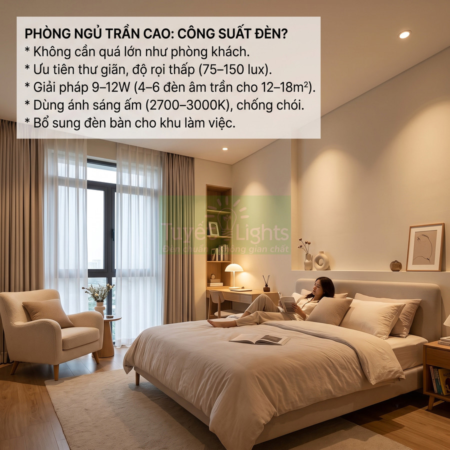 Phòng ngủ hiện đại trần cao dùng đèn âm trần ánh sáng vàng ấm và đèn bàn tạo không gian thư giãn