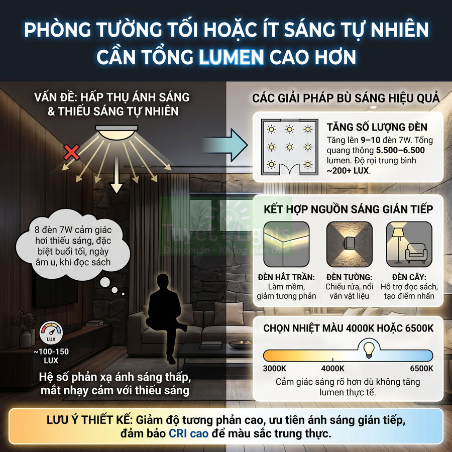 Infographic hướng dẫn chọn số lượng và loại đèn LED cho phòng tường tối hoặc ít sáng tự nhiên