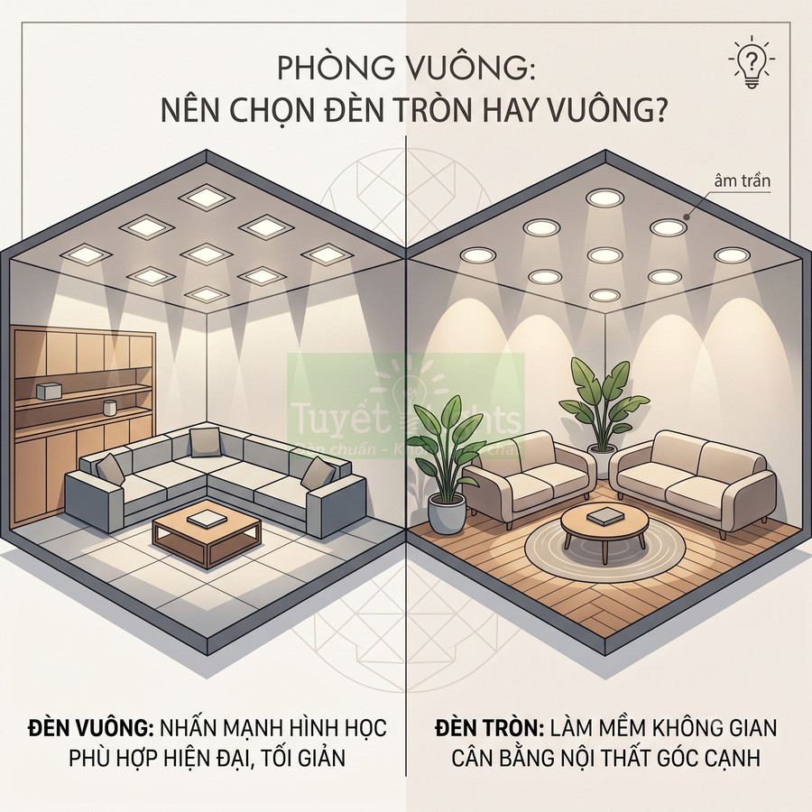 So sánh phòng khách dùng đèn âm trần vuông hiện đại và đèn âm trần tròn tạo cảm giác ấm áp