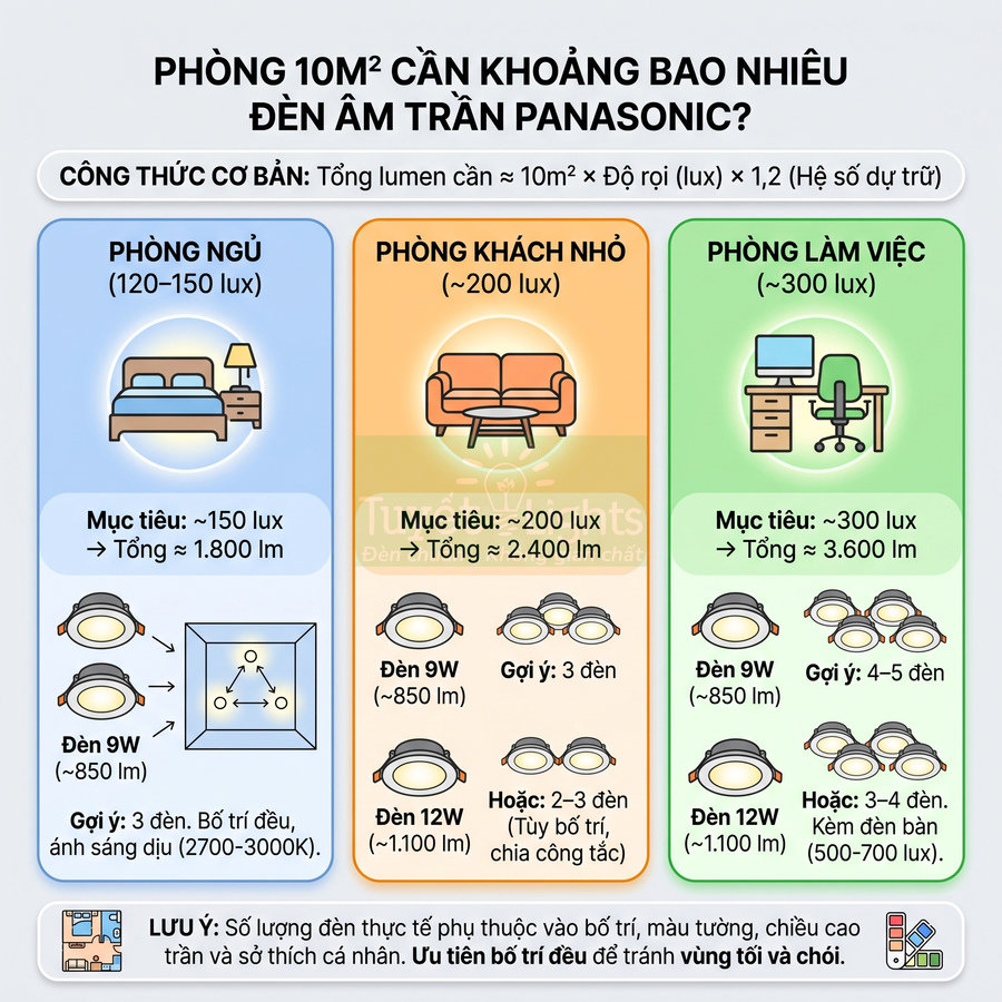 Hướng dẫn chọn số lượng đèn âm trần Panasonic cho phòng ngủ, phòng khách nhỏ và phòng làm việc 10m2