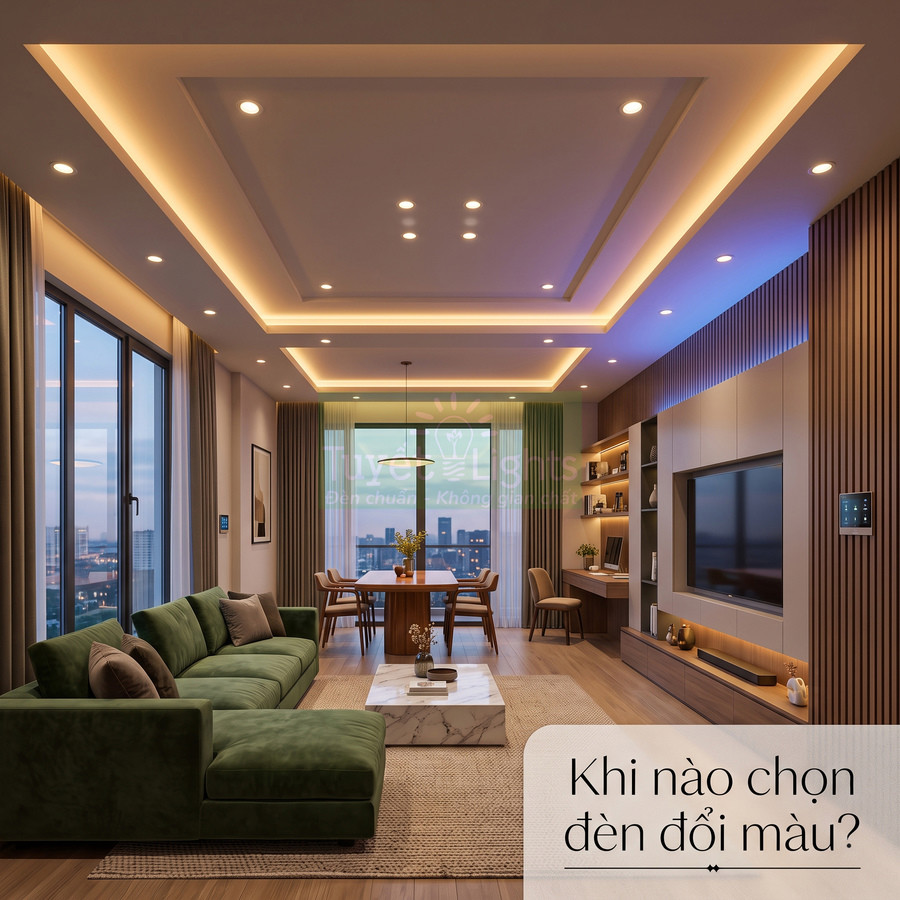 Phòng khách hiện đại với hệ thống đèn trần đổi màu chiếu sáng không gian sofa và bàn ăn