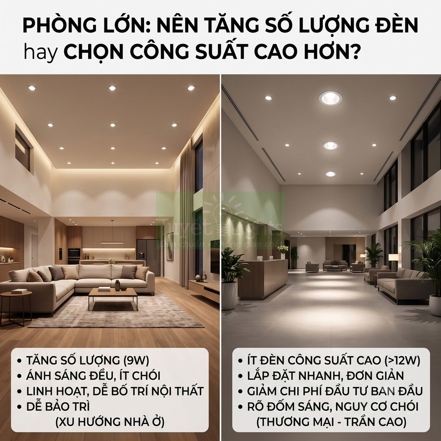 So sánh phòng khách lớn dùng nhiều đèn âm trần 9W ánh sáng đều và ít đèn công suất cao trên trần cao