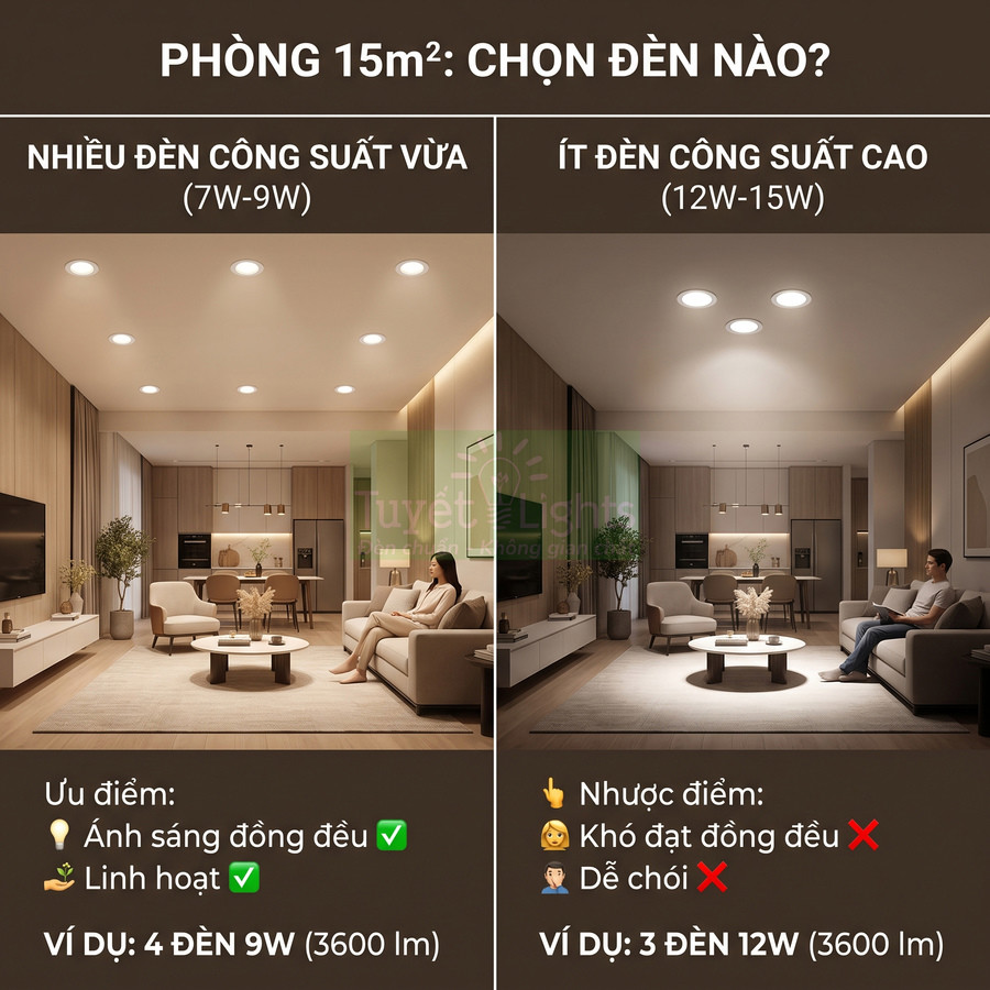 So sánh phòng khách 15m2 dùng nhiều đèn âm trần công suất vừa và ít đèn âm trần công suất cao