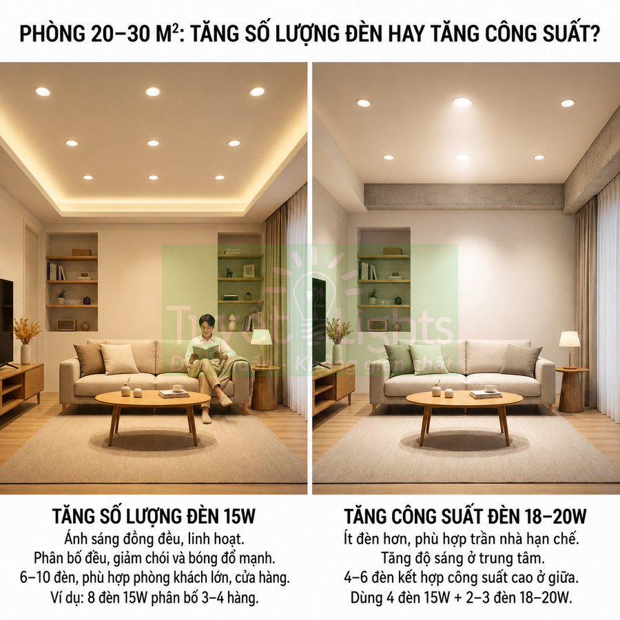 So sánh phòng khách dùng nhiều đèn âm trần 15W và ít đèn công suất cao 18–20W cho diện tích 20–30m2