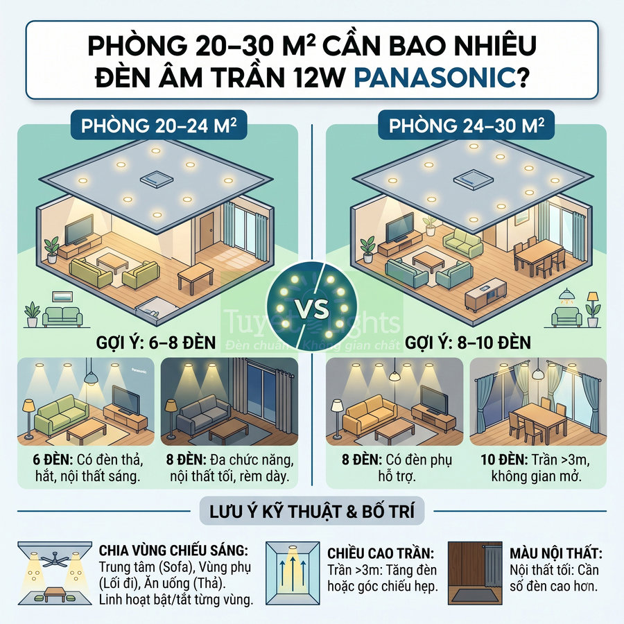 Infographic hướng dẫn số lượng đèn âm trần 12W Panasonic cho phòng 20 đến 30 mét vuông