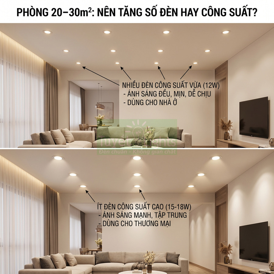 So sánh bố trí đèn âm trần công suất vừa và cao cho phòng khách 20–30m2