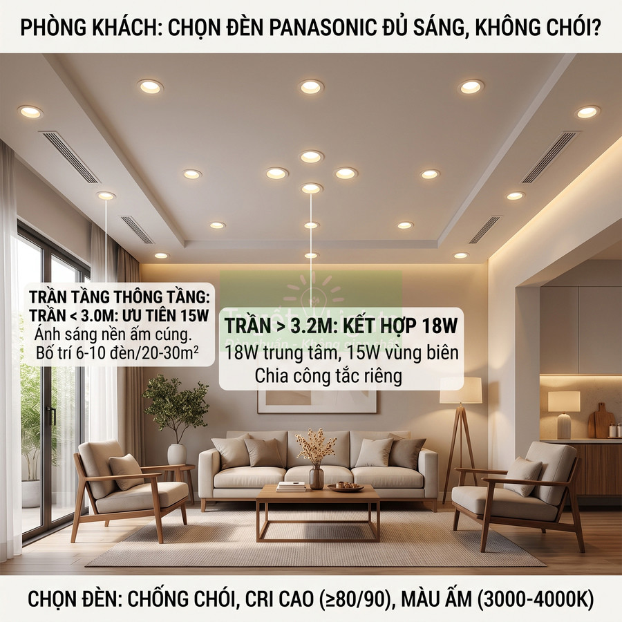 Phòng khách hiện đại sử dụng nhiều đèn LED âm trần Panasonic ánh sáng vàng ấm, chống chói, chiếu sáng đều trần nhà