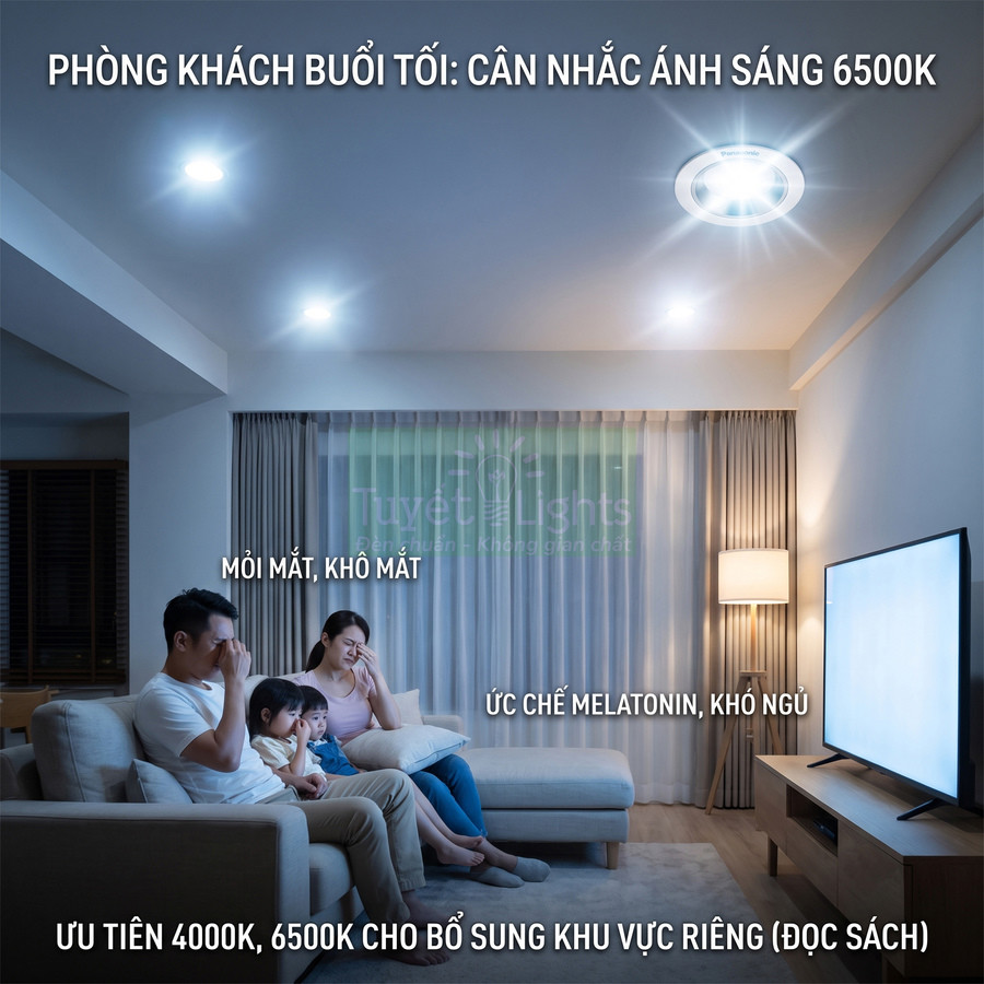 Phòng khách buổi tối dùng đèn trần ánh sáng trắng 6500K gây mỏi mắt, khó ngủ cho gia đình