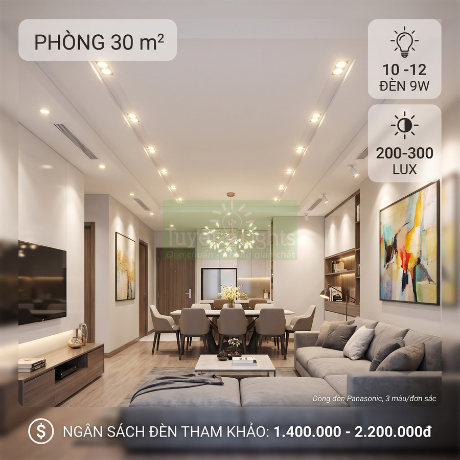 Phòng khách 30m2 hiện đại sử dụng hệ thống đèn LED âm trần Panasonic ánh sáng ấm tiết kiệm điện