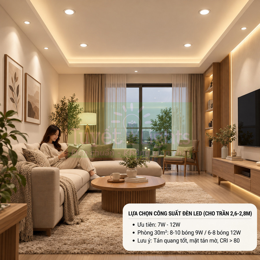 Phòng khách hiện đại sử dụng đèn LED âm trần ánh sáng vàng, nội thất gỗ và sofa sáng màu tạo không gian ấm cúng