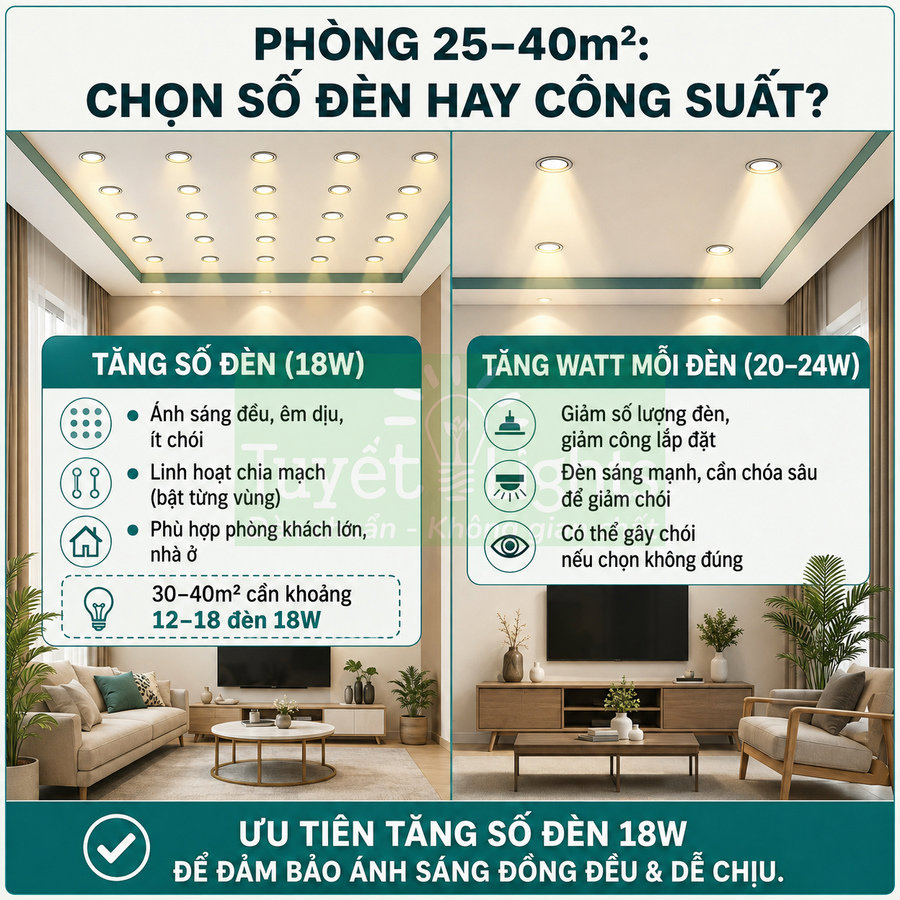 So sánh bố trí đèn LED âm trần 18W và 20 24W cho phòng khách 25 40m2, khuyến nghị tăng số đèn 18W