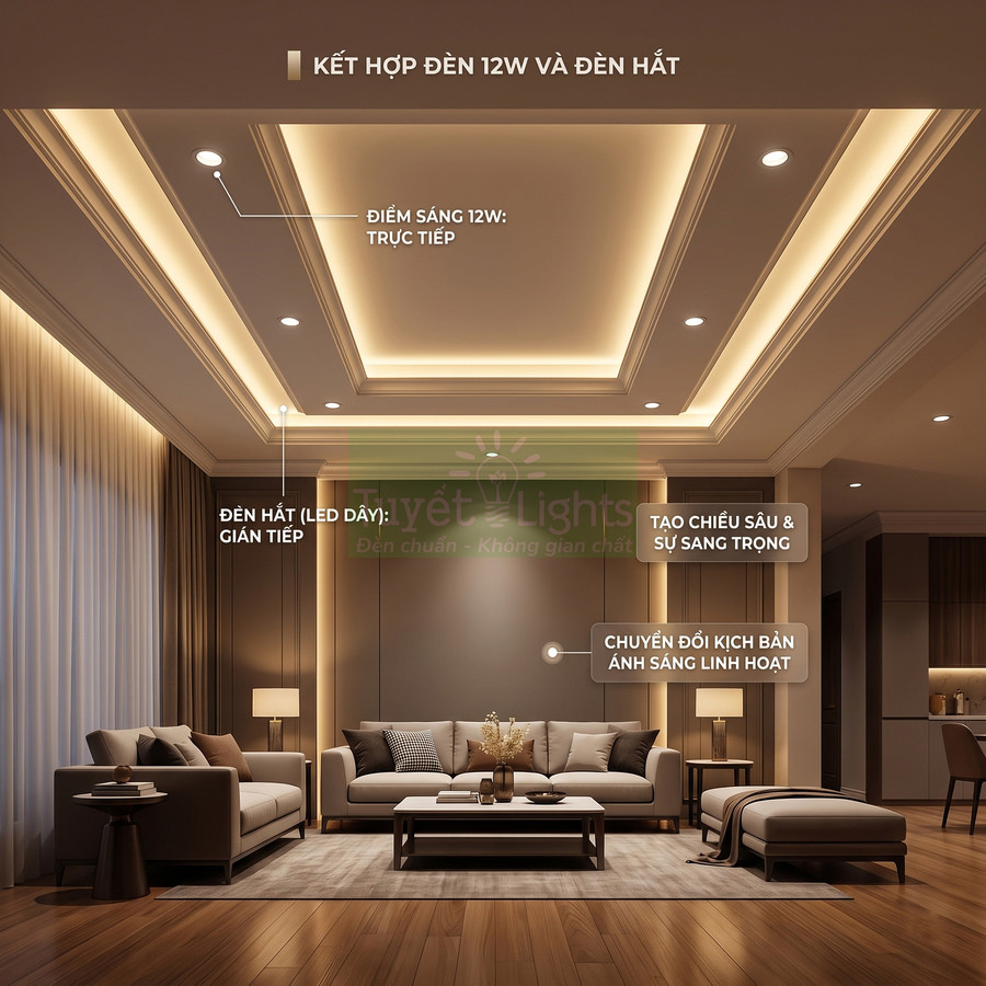 Phòng khách hiện đại sử dụng đèn âm trần 12W và đèn hắt LED dây tạo ánh sáng sang trọng