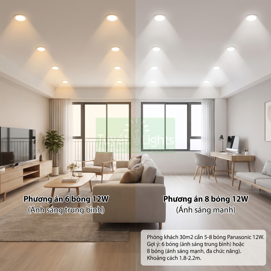 So sánh phòng khách dùng 6 và 8 đèn âm trần Panasonic 12W cho ánh sáng trung bình và ánh sáng mạnh