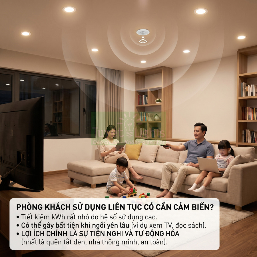 Cảm biến chuyển động trần nhà điều khiển đèn LED trong phòng khách gia đình đang sinh hoạt