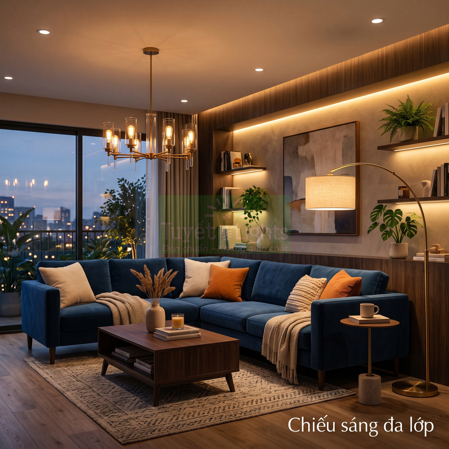 Phòng khách hiện đại với sofa chữ L xanh, đèn chùm trần và đèn sàn tạo chiếu sáng nhiều lớp ấm áp