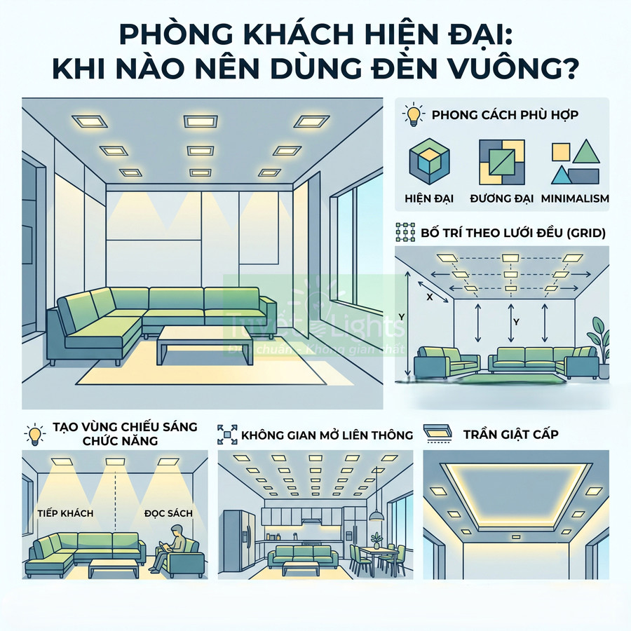 Đèn âm trần vuông chiếu sáng phòng khách hiện đại với sofa góc và không gian mở liền bếp