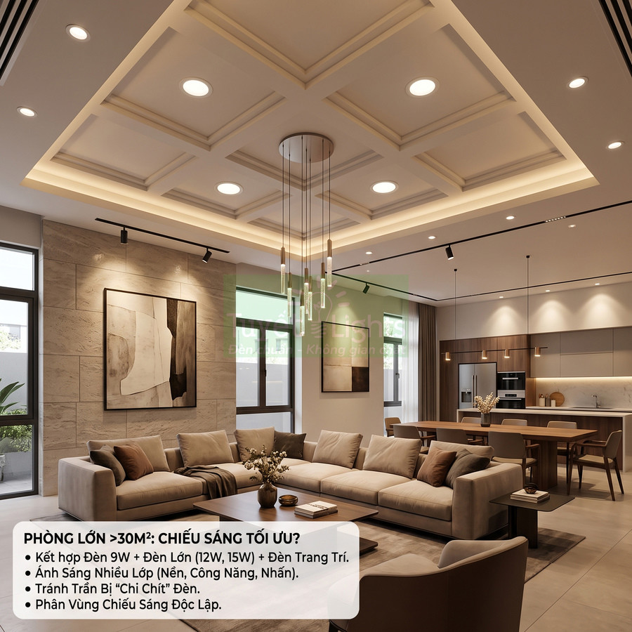 Phòng khách bếp hiện đại sử dụng đèn âm trần, đèn thả trần và đèn rọi ray chiếu sáng không gian rộng
