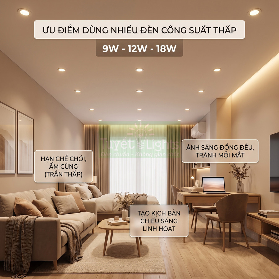 Phòng khách kết hợp phòng ngủ dùng nhiều đèn âm trần công suất thấp 9W 12W 18W ánh sáng ấm đều