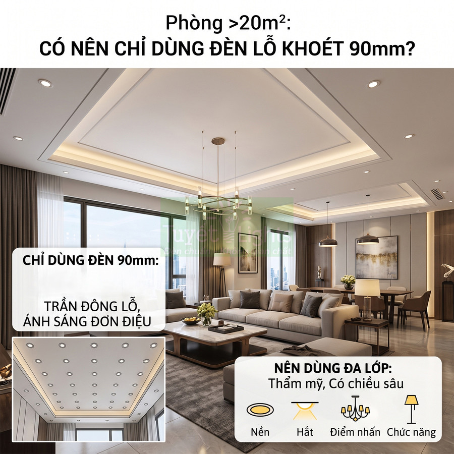 Phòng khách hiện đại trên 20m2 với trần thạch cao dùng đèn âm trần lỗ khoét 90mm và đèn trang trí đa lớp