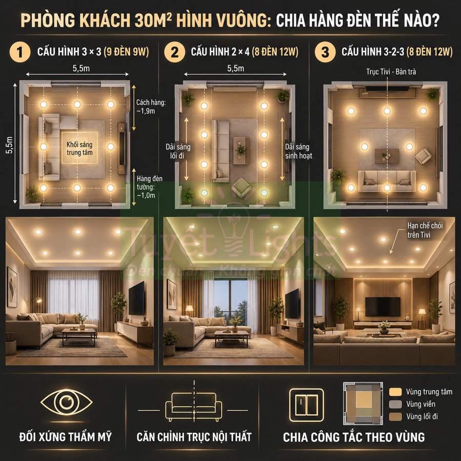 Sơ đồ bố trí đèn trần LED cho phòng khách vuông 30m2 với ba cấu hình chiếu sáng khác nhau