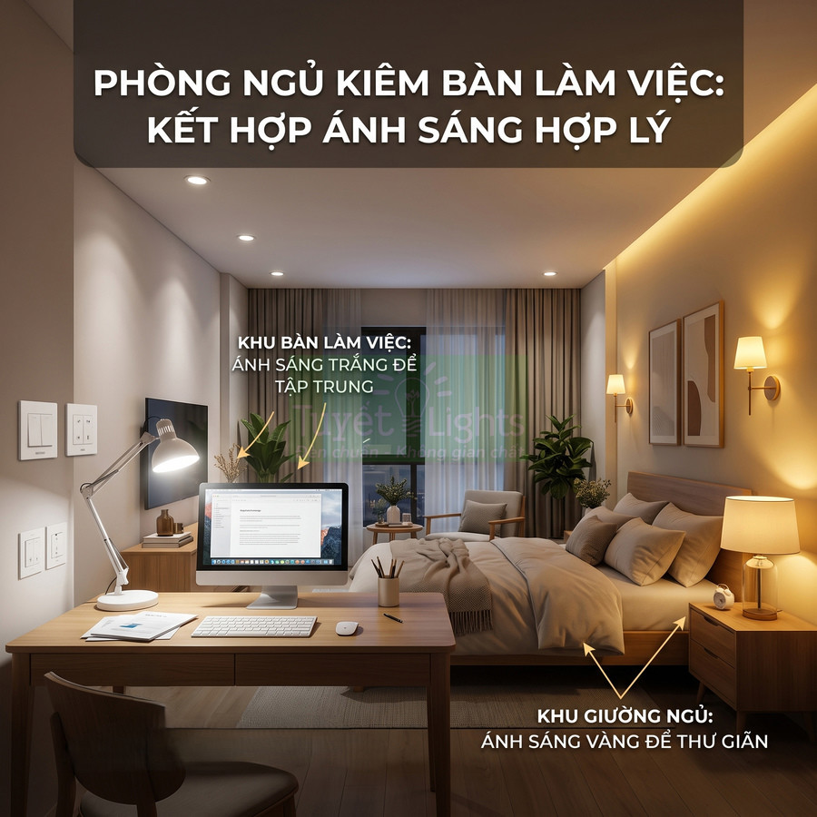 Phòng ngủ kiêm bàn làm việc với đèn bàn ánh sáng trắng và đèn ngủ ánh sáng vàng tạo không gian ấm cúng