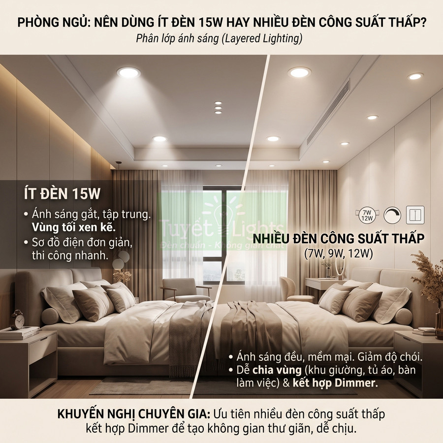So sánh phòng ngủ dùng ít đèn 15W và nhiều đèn LED công suất thấp 7W 9W 12W ánh sáng dịu đều