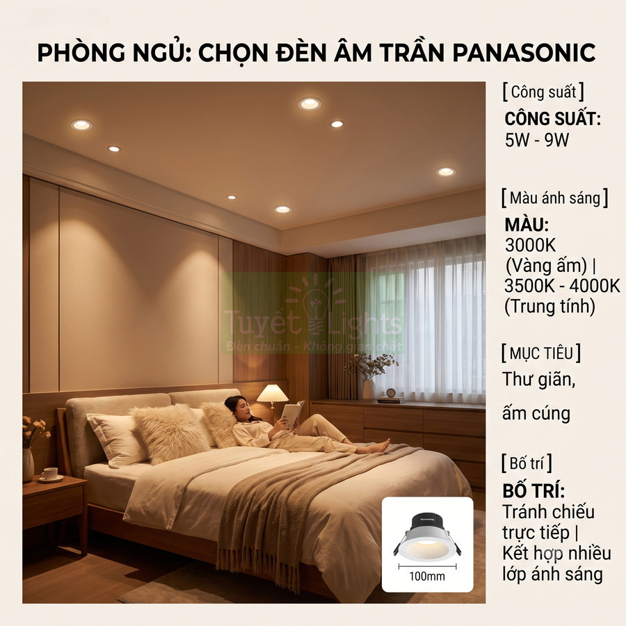 Phòng ngủ hiện đại sử dụng đèn âm trần Panasonic ánh sáng vàng ấm tạo không gian thư giãn