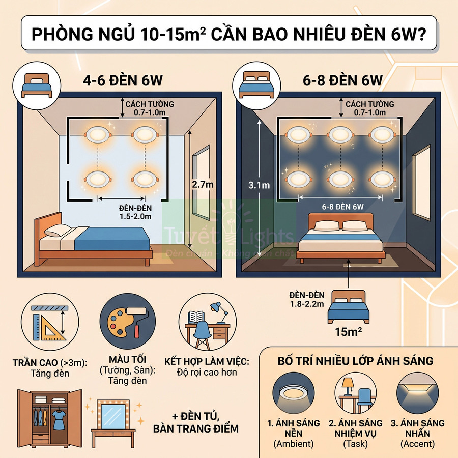 Hướng dẫn bố trí 4 đến 8 đèn LED âm trần 6W cho phòng ngủ 10 đến 15m2 và các lớp ánh sáng