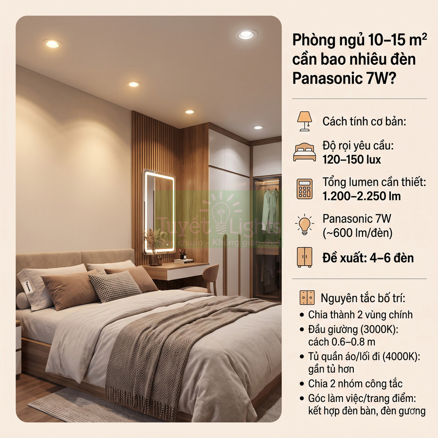 Phòng ngủ hiện đại 10–15m2 lắp 4–6 đèn âm trần Panasonic 7W ánh sáng vàng và trắng