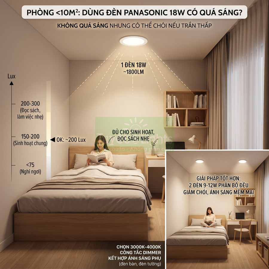 Đèn LED âm trần Panasonic 18W chiếu sáng phòng ngủ nhỏ, đủ sáng để đọc sách trên giường
