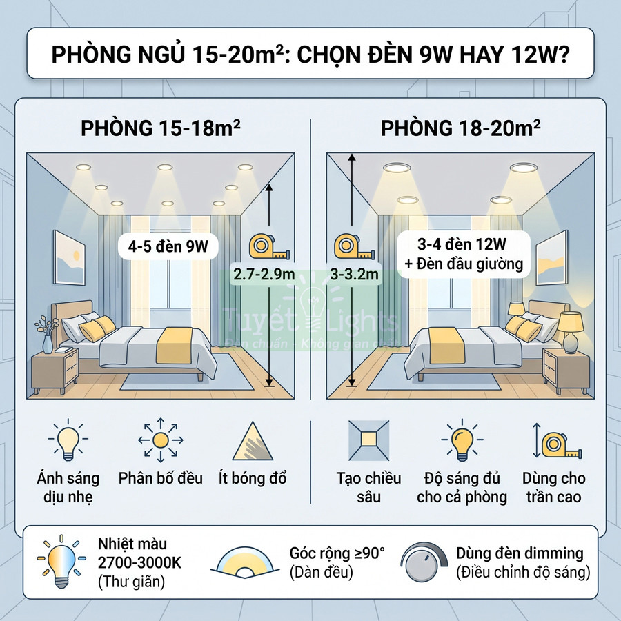 Hướng dẫn chọn số lượng đèn âm trần 9W hoặc 12W cho phòng ngủ 15 đến 20m2 và chiều cao trần khác nhau