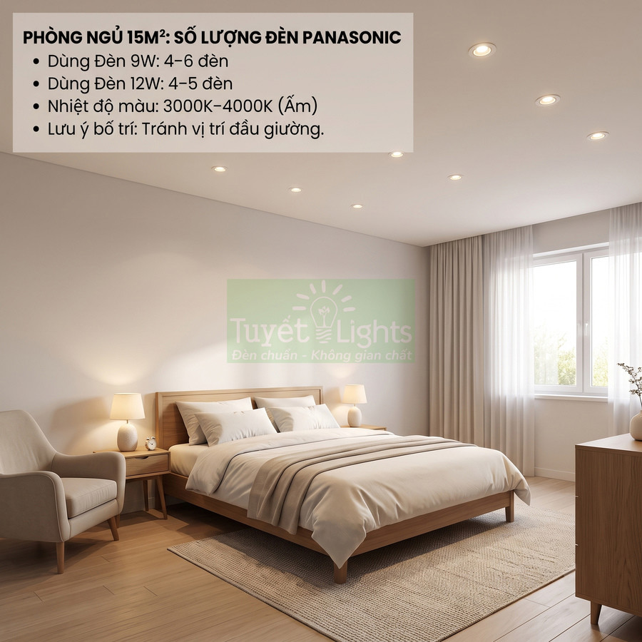 Phòng ngủ 15m2 lắp nhiều đèn âm trần Panasonic ánh sáng ấm của Tuyết Lights, nội thất gỗ hiện đại