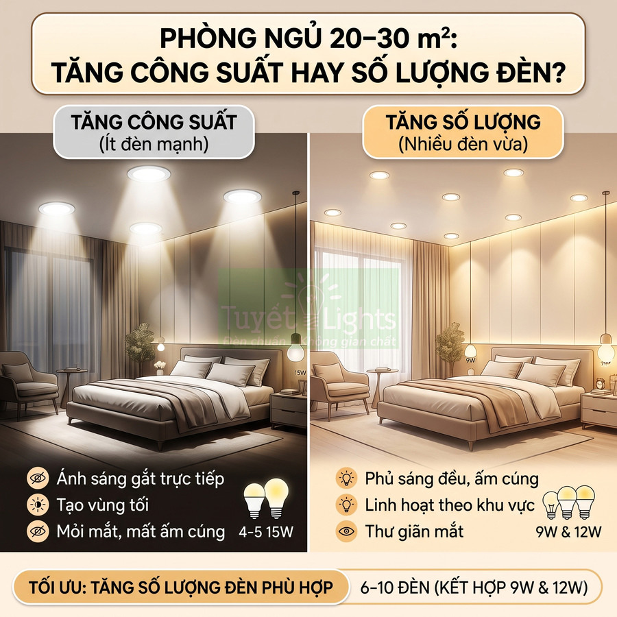 So sánh bố trí đèn trần phòng ngủ 20–30m2 giữa ít đèn công suất lớn và nhiều đèn công suất vừa