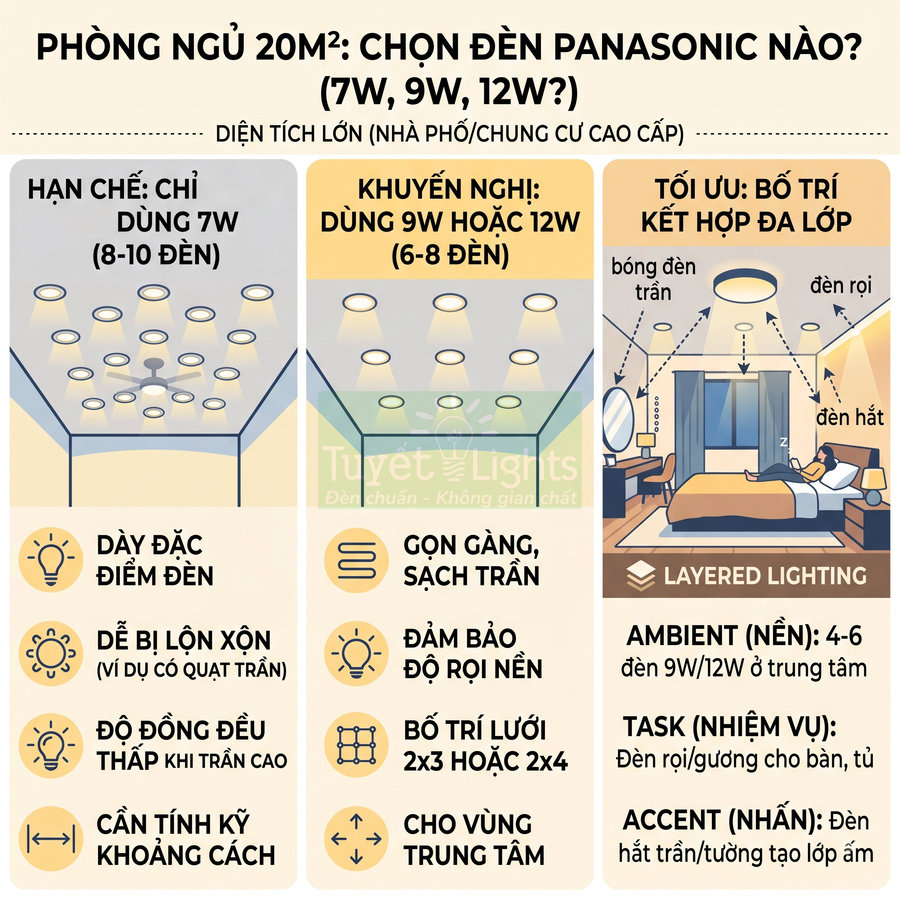 Hướng dẫn chọn đèn LED Panasonic 7W 9W 12W cho phòng ngủ 20m2 với cách bố trí chiếu sáng nhiều lớp